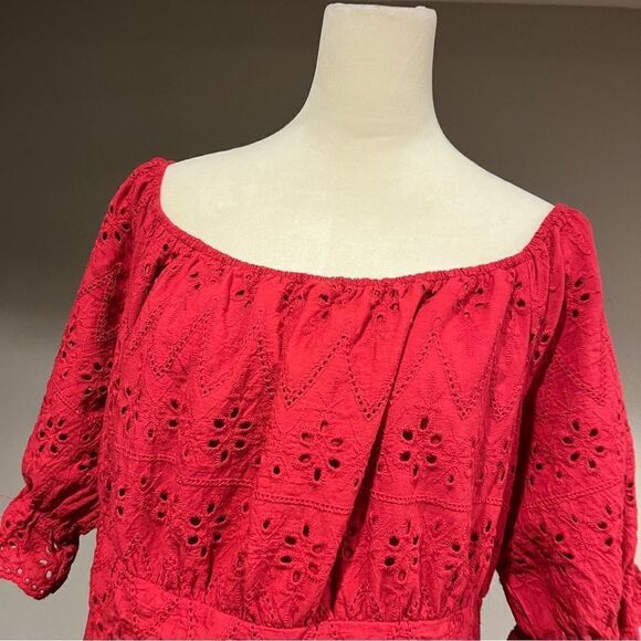 Plus size red eyelet embroidery mini dress with short sleeves - Picture 2 of 14